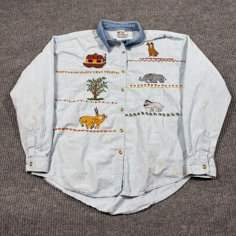Way To Go Shirt Womens L Noahs Ark Embroidered Striped Button Down  Vintage